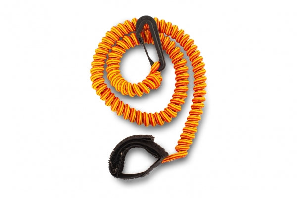 Anfibio PaddleLeash – elastisk rød-gul sikringsline med borrelås og karabin for packraftåre
